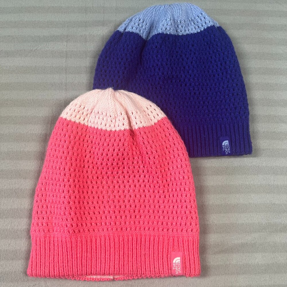 North Face Beanie Kids Medium Blue Pink Colorblock - Picture 1 of 7